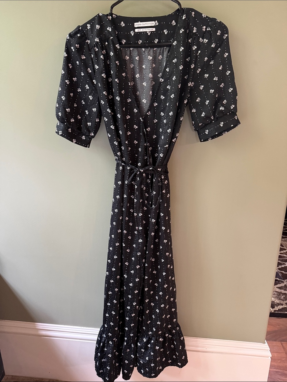 Urban Outfitters Black Maxi Wrap Dress with White Floral Print